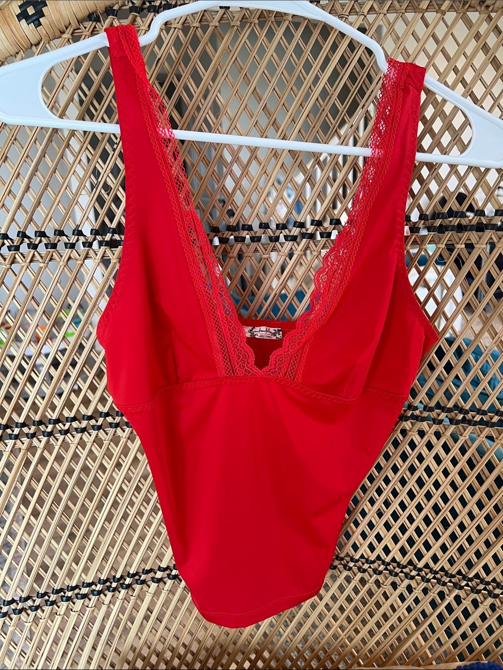 Free People Red Lace-Trim Tank Bodysuit